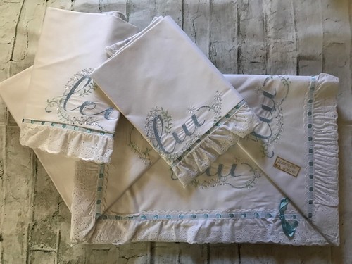 VTG Linea Valentino White w Blue Embroidery Handmade 4PC Queen Sheets Set Italy - 第 2/13 張圖片