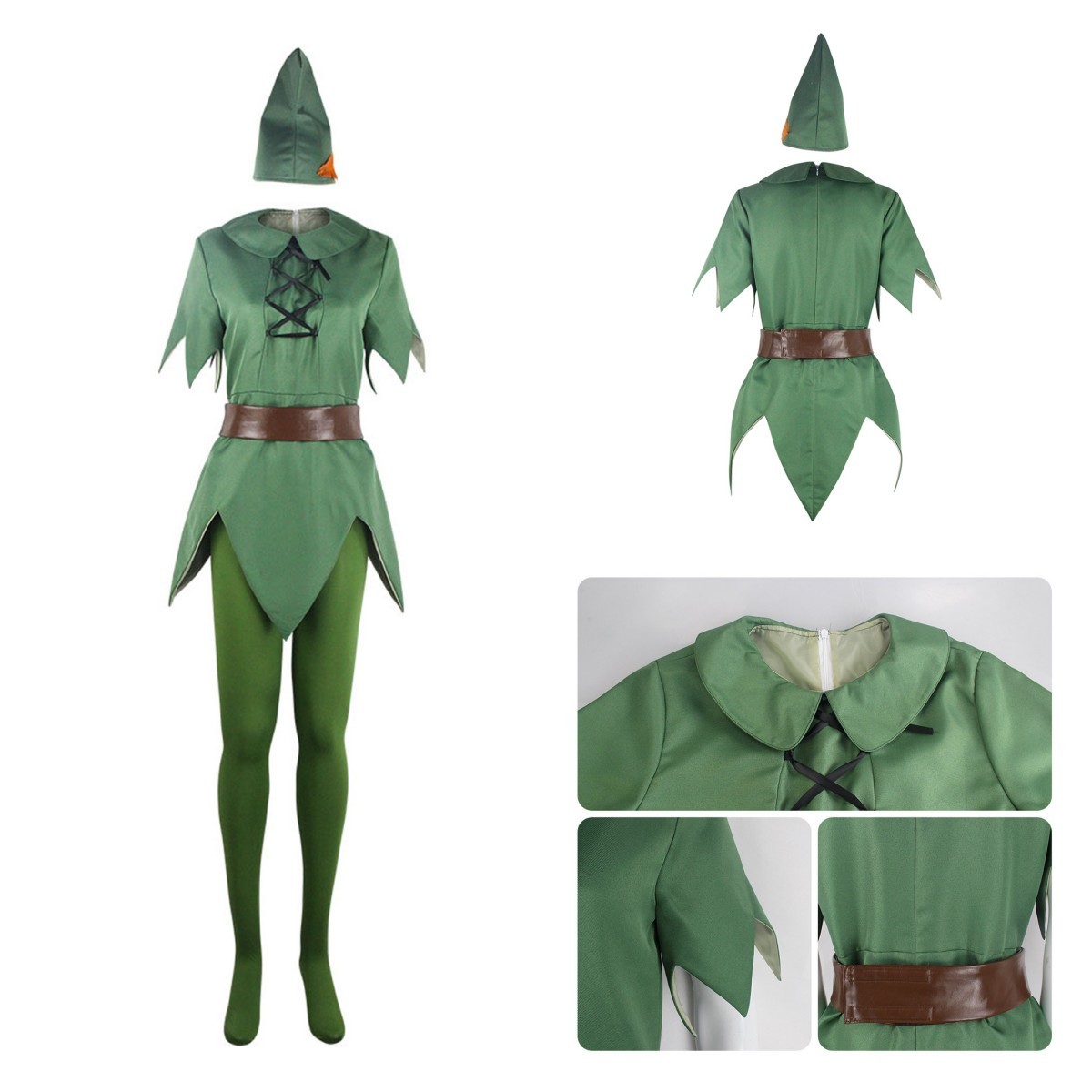 Anime Peter Pan Cosplay Adulto Verde Mono Sombrero Cinturón Conjunto Disfraz Halloween