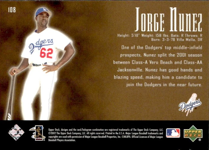 2002 Upper Deck Piece of History Jorge Nunez Phenoms /950 108 SN Dodgers - Image 2 of 2