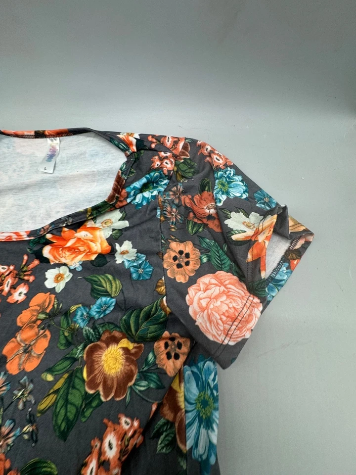 Camiseta Lularoe Floral Manga Corta Mujer L Suave Elástica Tela Gris LEER Foto 2 de 4