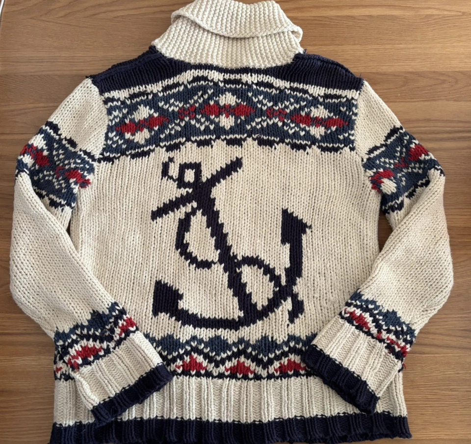 Polo Ralph Lauren Intarsia Zip-Up Cowichan Sweater M Cotton Linen Whale Anchor - Image 2 of 4