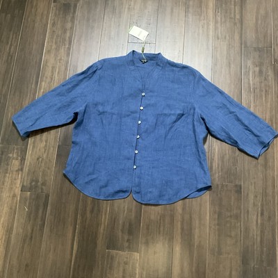 Vivid Plus Size Linen Blue Mandarin Collar 3/4 Sleeve Button Up Top Size 2X