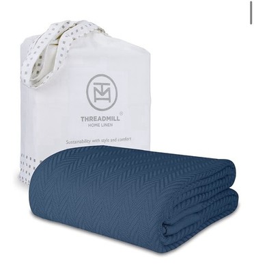 ThreadMill Full/Queen Luxury 100% Cotton Herringbone Blanket 90 x 92  Blue - NEW