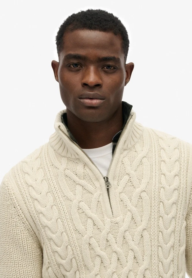Superdry Jumper Half Zip Cable Knit Long Sleeve Pullover Wool Mix Ecru Cream - Image 2 of 4