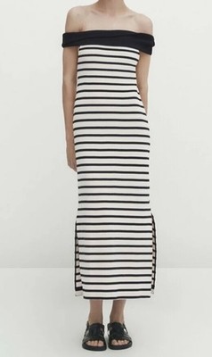 Massimo Dutti Women s Size S Dress Black Striped Cotton Off The Shoulder Midi