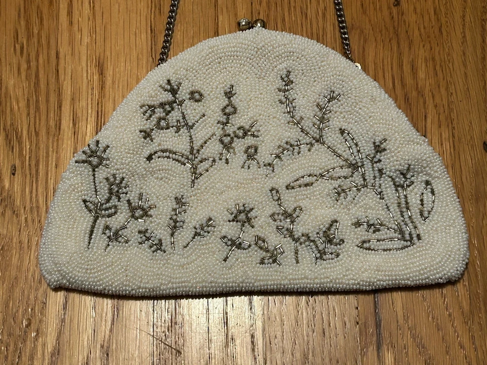 Винтажный 50-60-х белый бисером вечерняя сумка с металлический цветочный дизайн цепочка ремень - Изображение 3 из 4