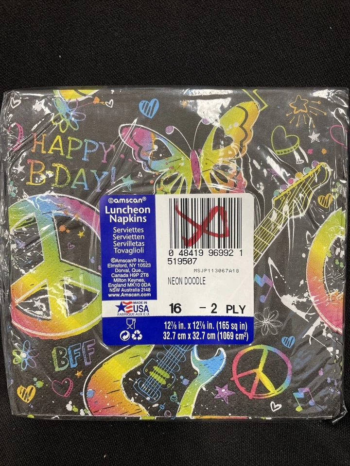 Servilletas de almuerzo de cumpleaños de roca Doodle Peace Butterflies de neón (16 quilates) Foto 3 de 3