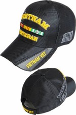 Vietnam Veteran Baseball Cap, Black Military Hat w/ Ribbons and Flag, Men Women