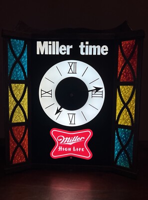 Vintage MILLER HIGH LIFE Beer CLOCK Faux STAINED GLASS Bar Light
