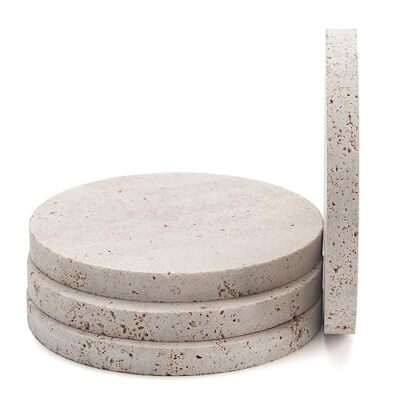 4 Pack Natural Travertine Coasters – 4 Inch Round Thirsty Stone Drink Coasters With Cork Backing For Home & Office