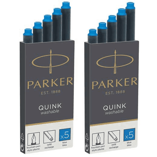 10 Parker Quink Fountain Pen Refills Long Cartridges, Washable Ink