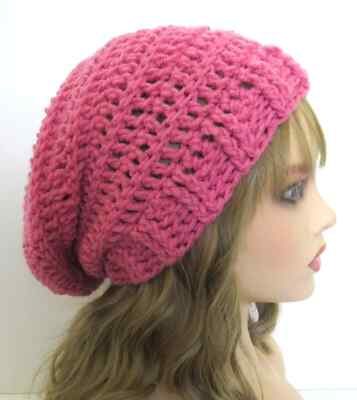 SLOUCHY BEANIE HAT RIBBED MEDIUM PINK TEXTURED EDGE ACRYLIC HANDMADE CROCHET