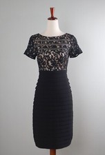 ADRIANNA PAPELL $150 Sheer Mesh Black Lace Beige Tiered Pencil Dress Size 4