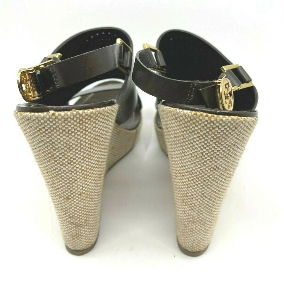 Tory Burch Kimberly Cuero Marrón Oscuro Cuña Eslinga Doble T Logo Talla 9.5 M Foto 3 de 4
