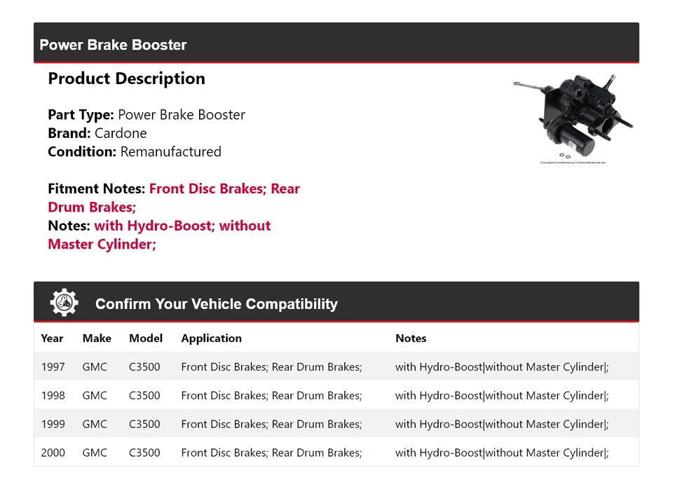 Para GMC C3500 1997-2000 Power Brake Booster Cardone 1998 1999 Foto 2 de 3