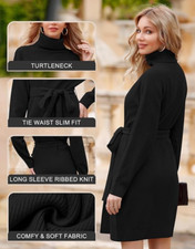 Womens Sweater Dress Turtleneck Long Sleeve Ribbed Knit Tie Waist Slim Fit Small