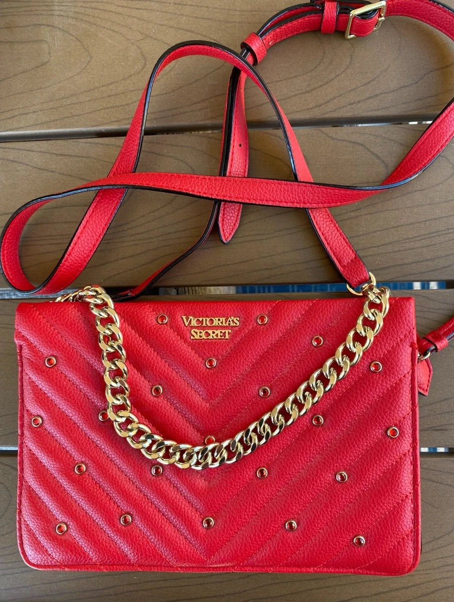 VICTORIA SECRET RED FAUX LEATHER CROSSBODY HANDBAG PURSE WITH CHAIN