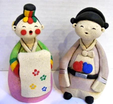 Asian Korean Stoneware CLAY Figurines Pair 5.25 Figural Lady Man Figures Kokeshi