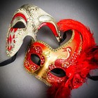 Silver Venetian Phantom Half Face w/ Gold RED Side Feather Men Women Couple Mask