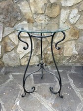 Tavolino artigianale da veranda in ferro battuto con ripiano in cristallo