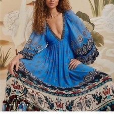 Farm Rio Blue Anika Tiles Maxi Dress S