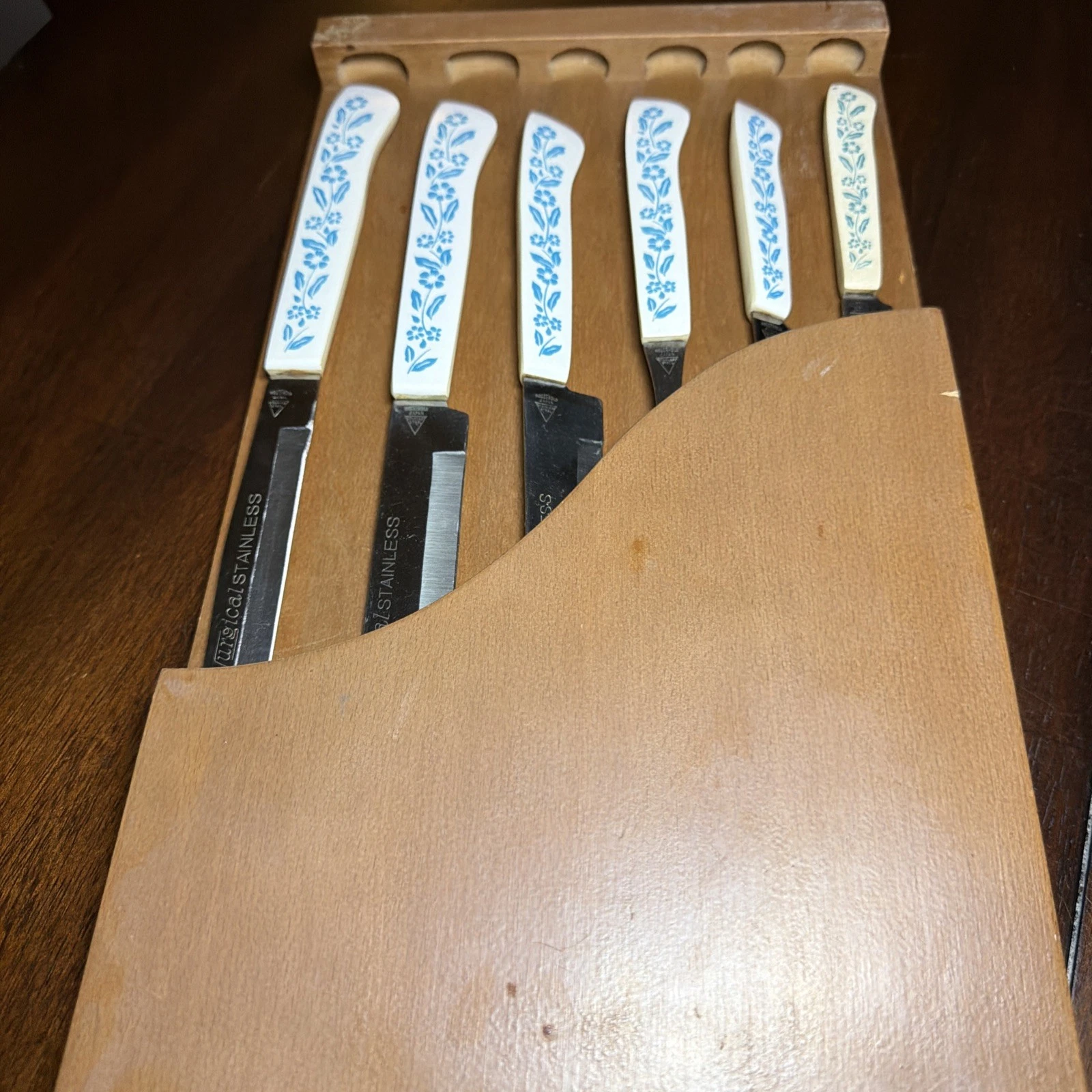 VTG 1970s Household Japan Cornflower Carving Knife & Fork Set In Wooden Box (FF)