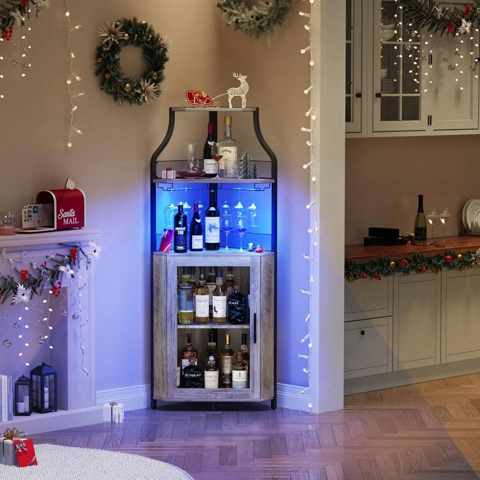 Mueble Bar Esquinero con Tira LED y Soporte para Vidrio, Armario para Vinos Industrial con Foto 4 de 4