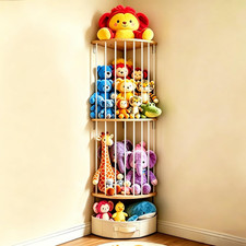 Double Layer Corner Stuffed Animal Storage Wood Fan-Shaped Basket 3-Panel Design