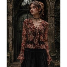 VTG Sheer Floral Ruffle Button Front Blouse S Lace Y2K Fairy Grunge Whimsigoth