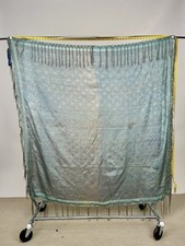 Antique Edwardian Blue Silk Jacquard Large Shawl with Fringe and Floral Design