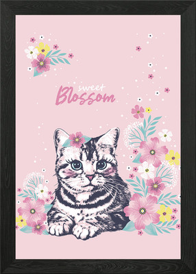 Katze sitzt in Blumen Gerahmtes Wandbild Poster Leinwandbild Bild