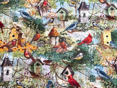 Bird House Fabric Modest Dwellings Tim Coffee Cotton Smidge over 1 yard