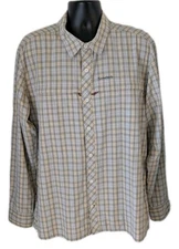 Simms Stone Cold LS Shirt XL Beige Yellow Plaid UPF Zipper Pockets Fishing