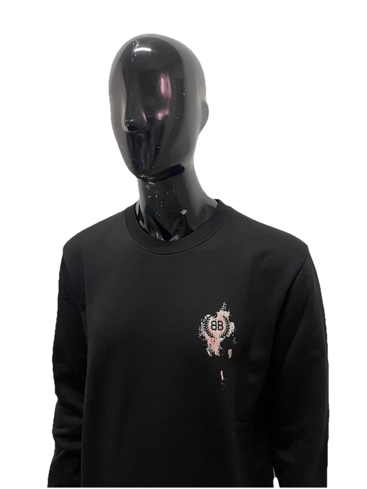 Felpa Balenciaga Uomo 2XL Nera Logo BB Crest Retro Paint Effect Originale Top - Immagine 3 di 4
