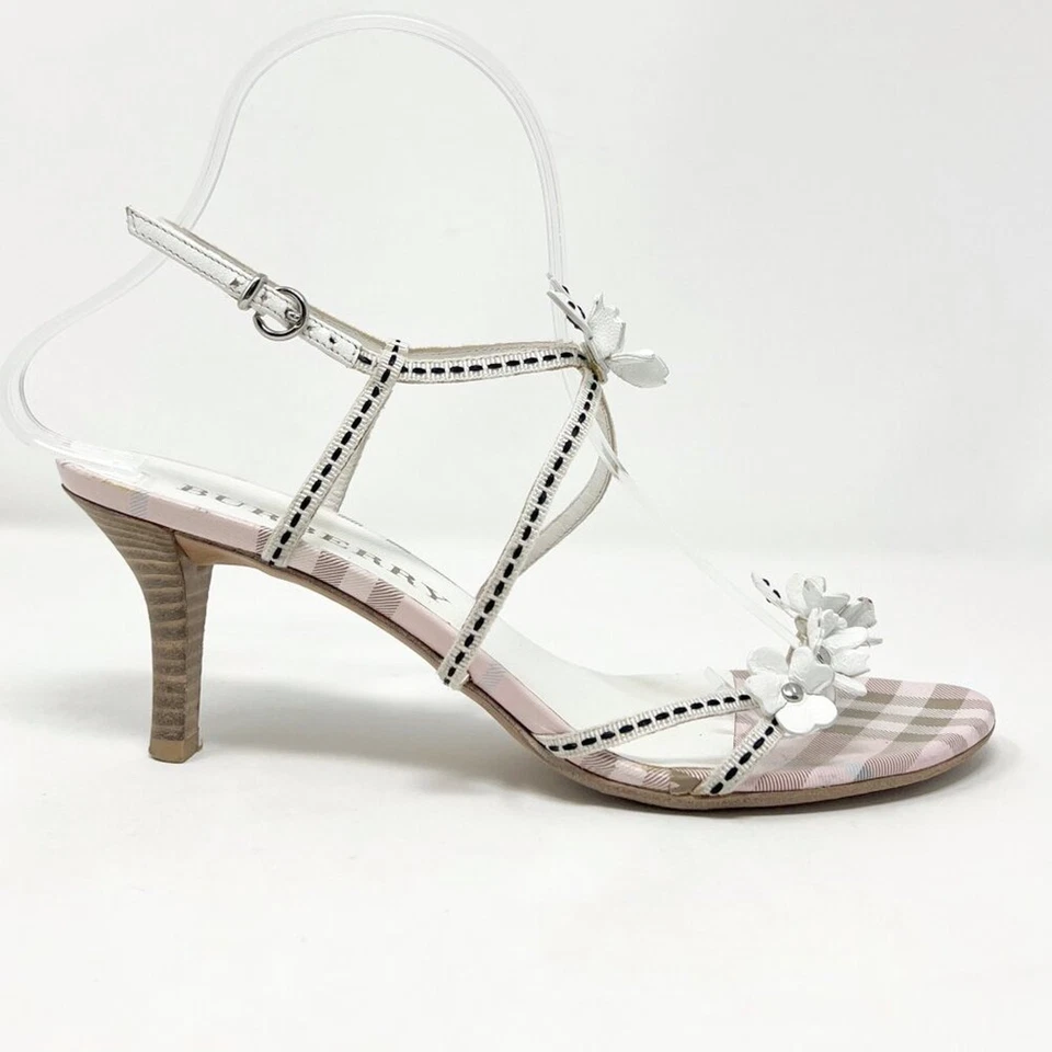 Burberry Check Leather Floral Slingback Sandals Pink Tan EU 37 - Image 4 of 4