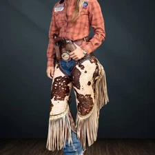Western Cowhide Leather Chaps with Fringe Rodeo Style Cowboy Gear