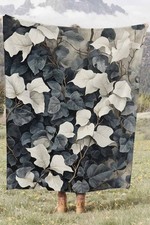 Grey White Botanical Leaves Coral Fleece Cozy Throw Blanket Modern Elegant