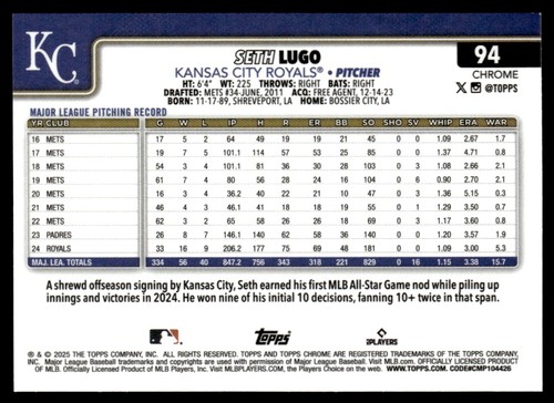 2025 Topps Chrome Logofractor Purple Seth Lugo 106/250 #94 - Picture 2 of 2