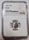 GEM PROOF SLABBED PF68 NGC SILVER 1955 ROOSEVELT DIME--BRIGHT WHITE COLOR