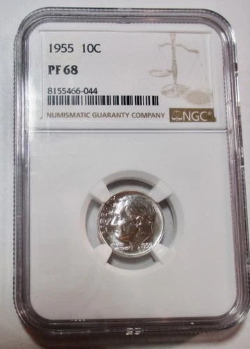 GEM PROOF SLABBED PF68 NGC SILVER 1955 ROOSEVELT DIME--BRIGHT WHITE COLOR