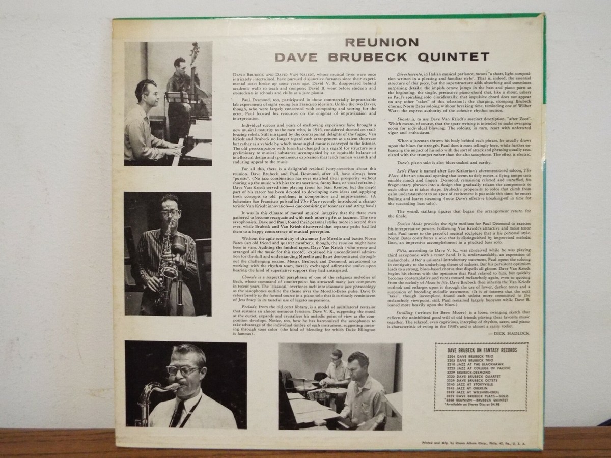DAVE BRUBECK REUNION PAUL DESMOND JAZZ BLUE COLORED WAX LP VINYL