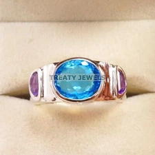 Blue Topaz Oval Cut Gemstone With 925 Sterling Silver Ring For Men's #A893 *