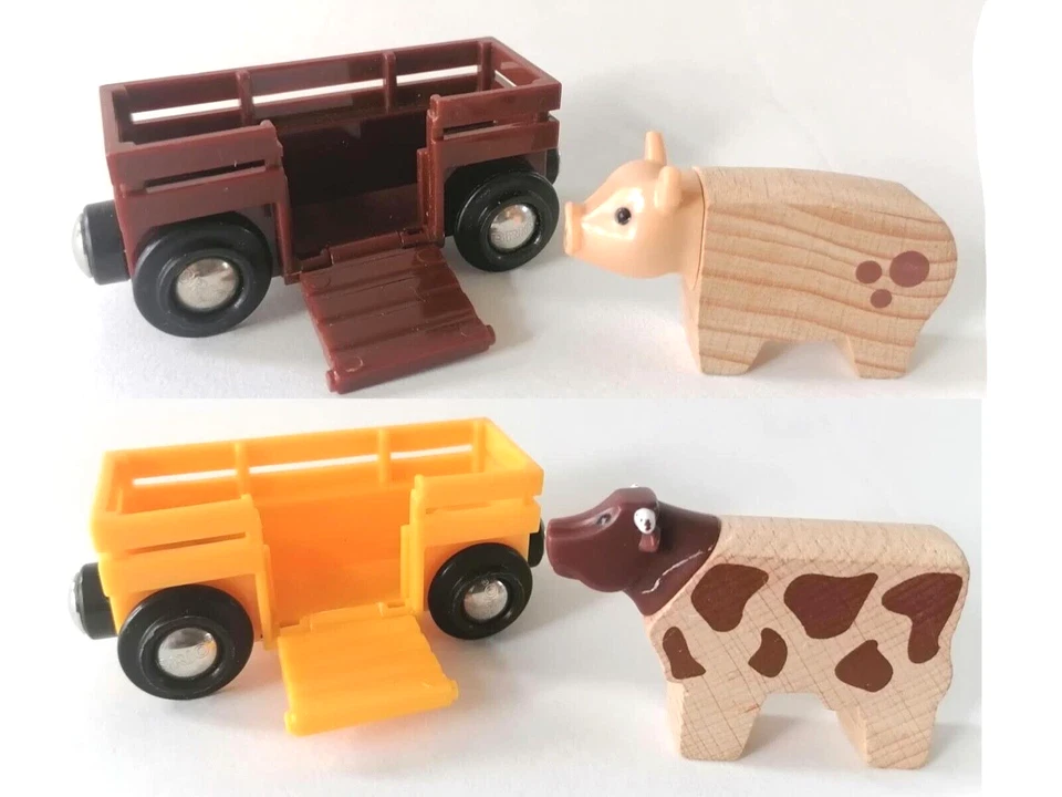 Genuine Brio Animal Farm Trucks x 2 ,Pig & Cattle  new【*Plus free 2 Brio pieces】