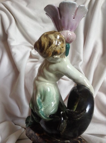Antique 1850's Handpainted Pottery Porcelain Nude Fish Boy Siren Angel Statue - Picture 8 of 12