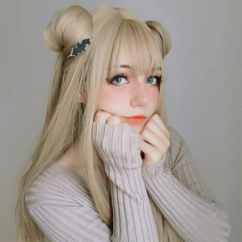 UK 24inch Cosplay wig with bangs Full Head Heat resistant hair Ash Blonde Women - Picture 4 of 5