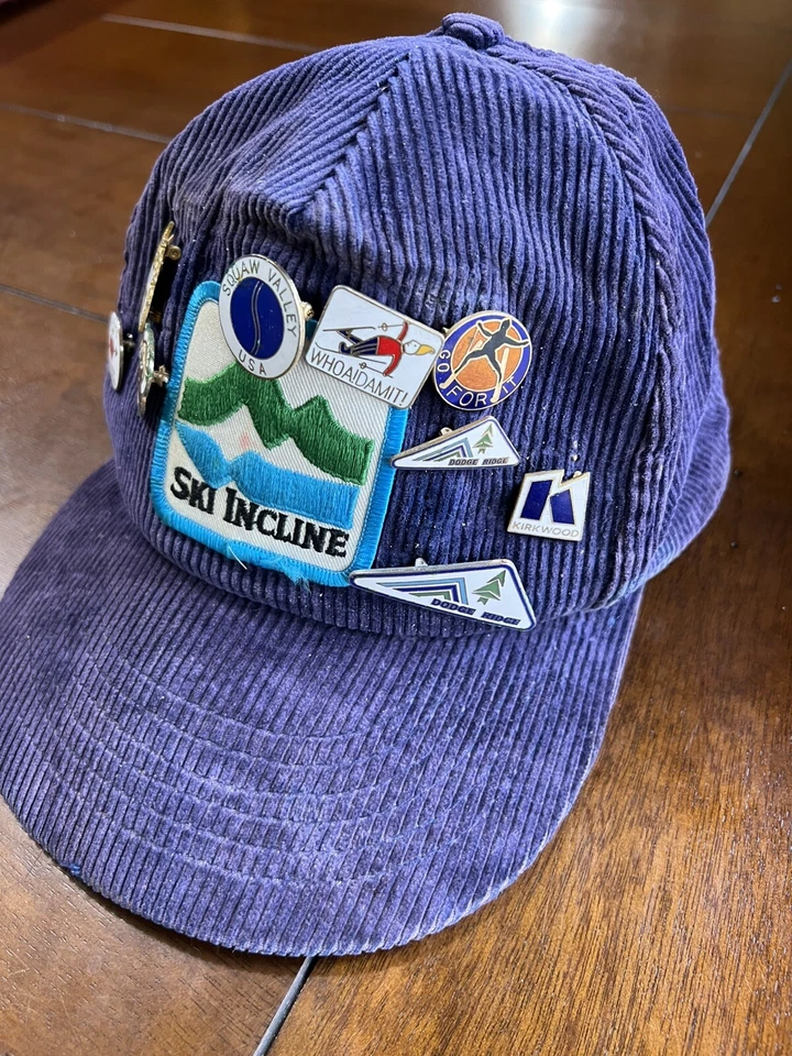 Vintage 80s Ski Incline Corduroy Hat And 10 Pins Skiing Squaw Valley Lake Tahoe - Image 2 of 4