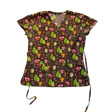 Cassandra O Scrub Top Womens Small Brown Woodland Forest Animals