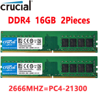Crucial DDR4 32GB 2X16GB 2666 Mhz PC4-21300 288pins Desktop Memory