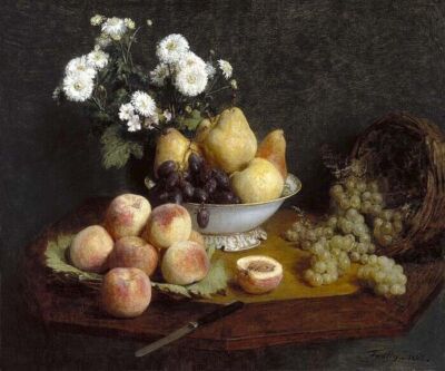 FLOWERS AND FRUIT ON A TABLE 1865 PAINTING ART BY HENRI FANTIN