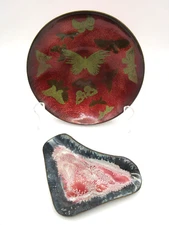 Set of 2 Copper Red Enameled Trinket BUTTERFLY Bowl +  Artisan Dish/Plate FLAWS